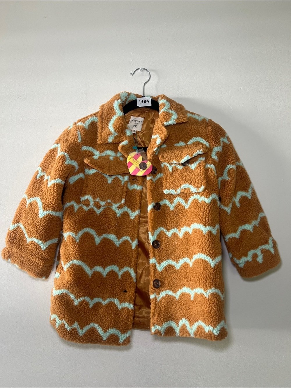 Hayden Girls Cozy Wave-Pattern Teddy Coat in Brown & Light Blue